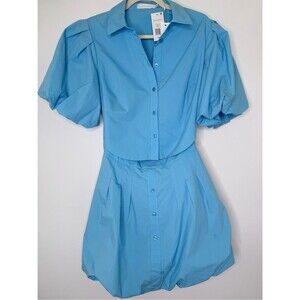 NWT ✨ Jonathan Simkhai Blue Mini Dress Bubble Skirt, Button-Down. Size 2 $375
